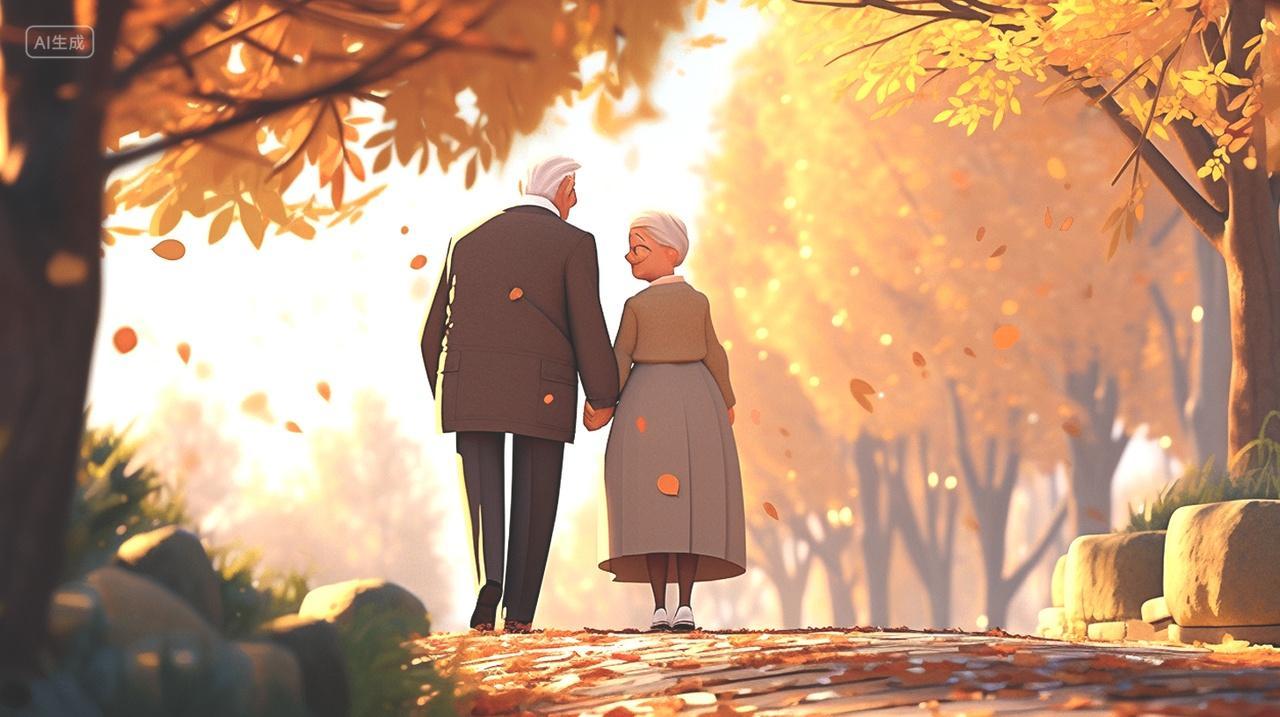 爱情老人温暖甜蜜秋日温馨浪漫背景插画