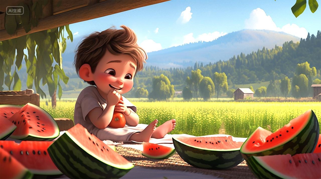 小男孩西瓜夏天夏至立夏清爽背景草地处暑素材插画