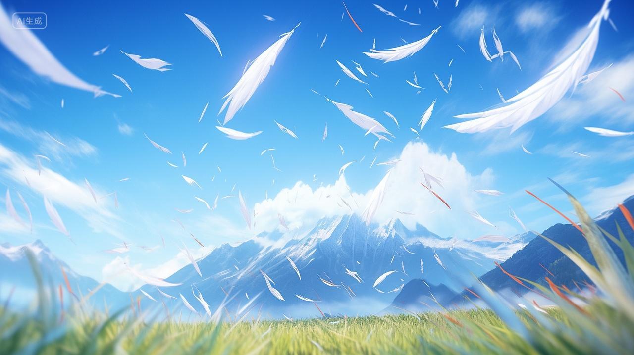 背景柔和草地蓝天白云温馨春天飘絮