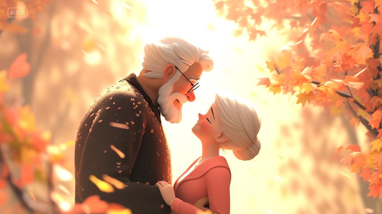 爱情老人温暖甜蜜秋日七夕插画