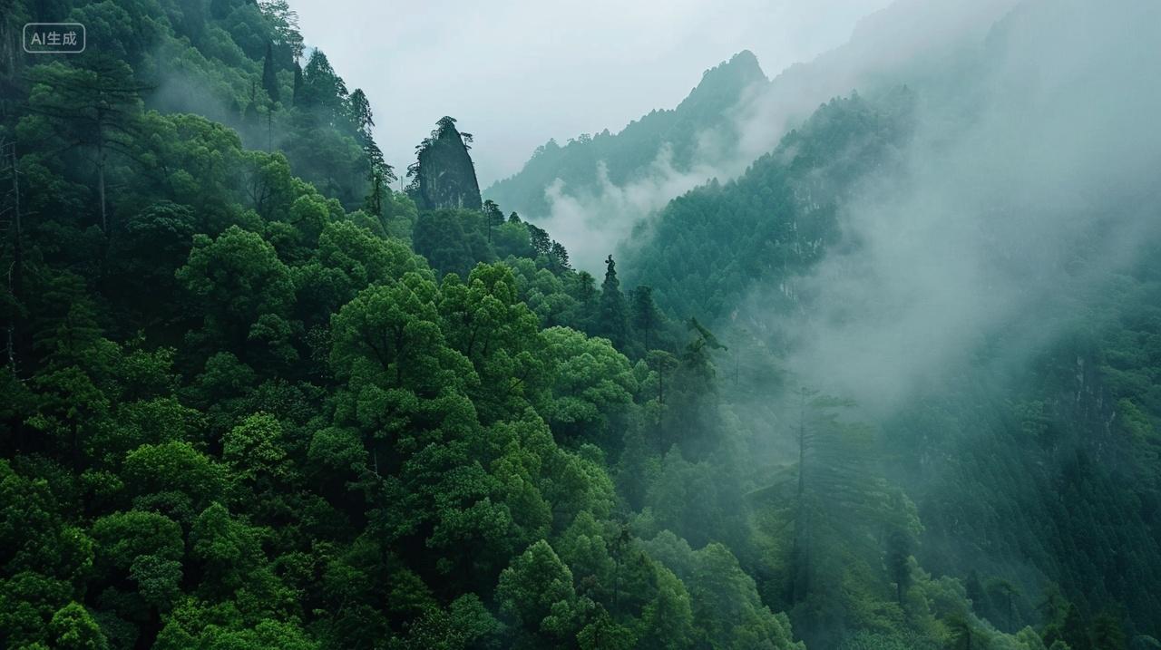 雨后山林间青翠欲滴云雾蒸腾而起唯美自然