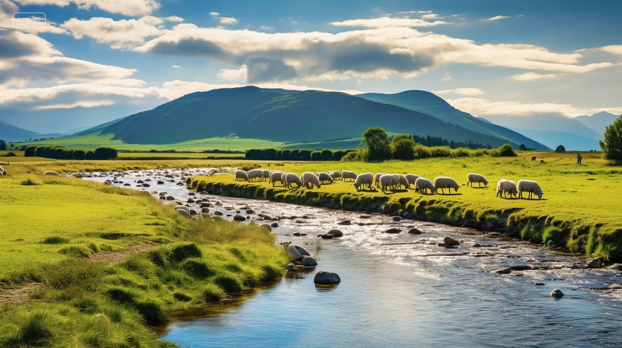 夏日河边草原上羊群吃草宽阔河岸自然风光风景