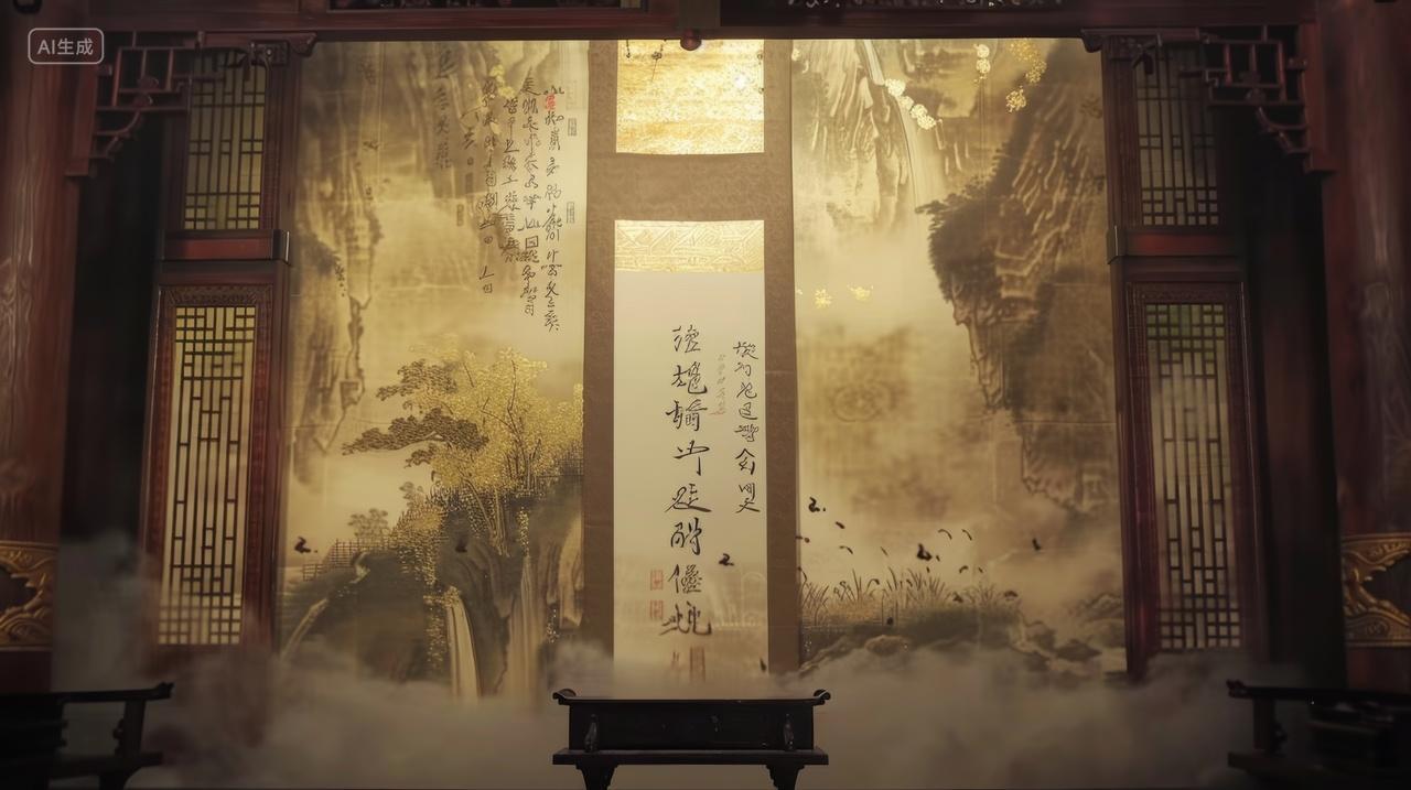 中式概念CG场景，古色古香的书房客厅