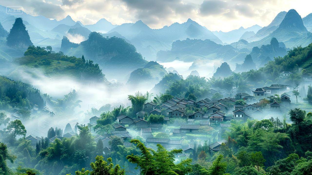 云雾缭绕,村庄如画