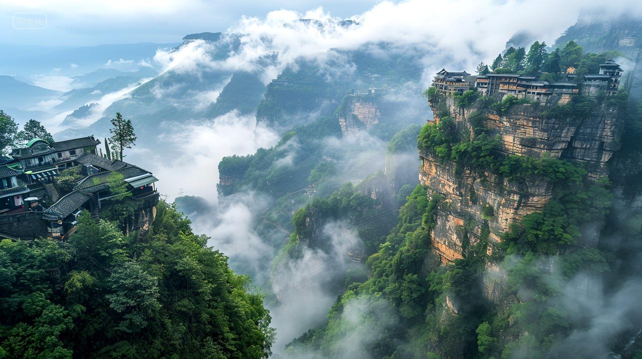 云雾缭绕,村庄如画