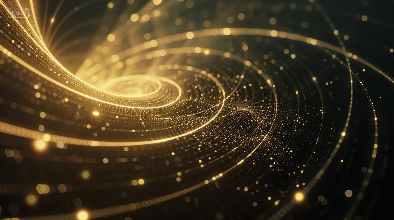 流动的粒子旋涡和星光轨道音乐背景金色