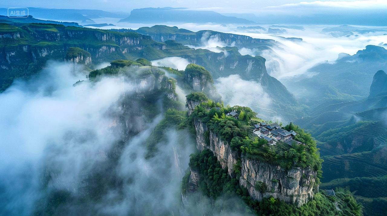 云雾缭绕,村庄如画