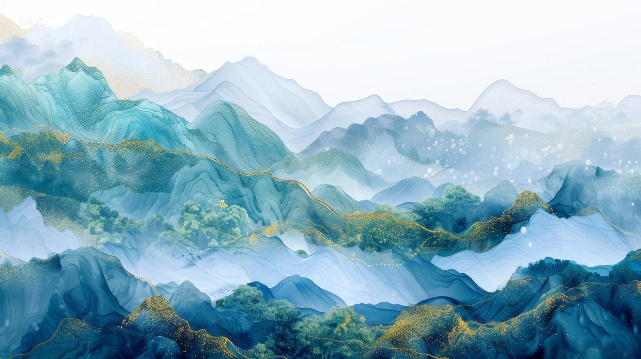 梦幻唯美中国风山水意境插图山脉水墨背景