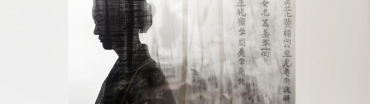 挂满印有水墨文字的中国风窗帘和黑色影子