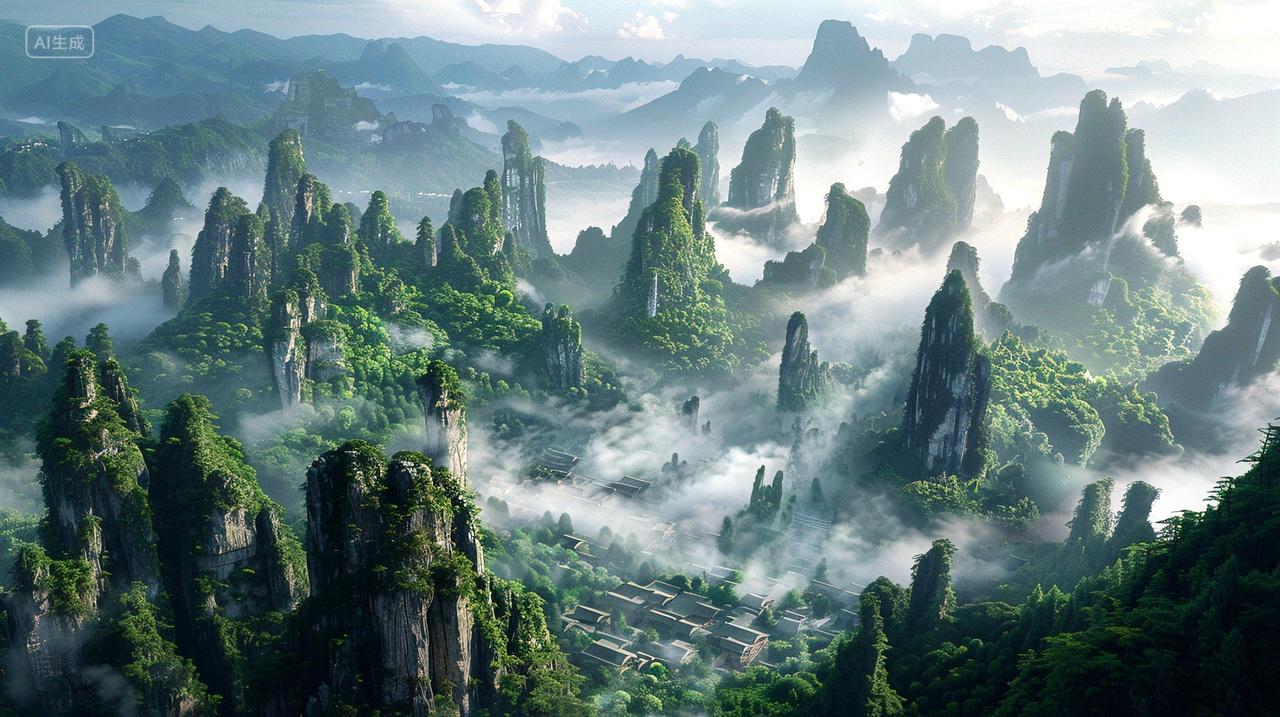 云雾缭绕,村庄如画