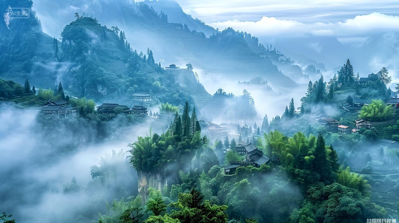云雾缭绕,村庄如画