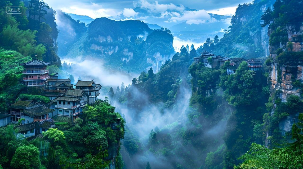 云雾缭绕,村庄如画