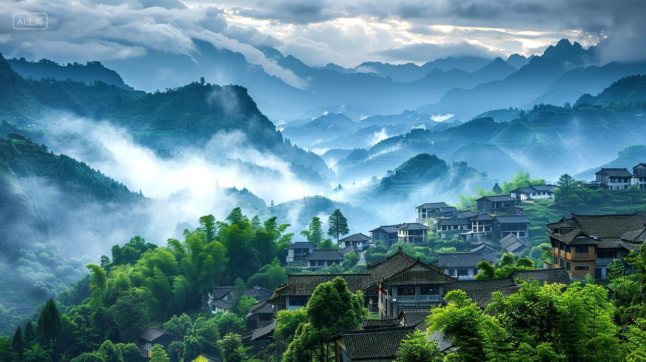 云雾缭绕,村庄如画