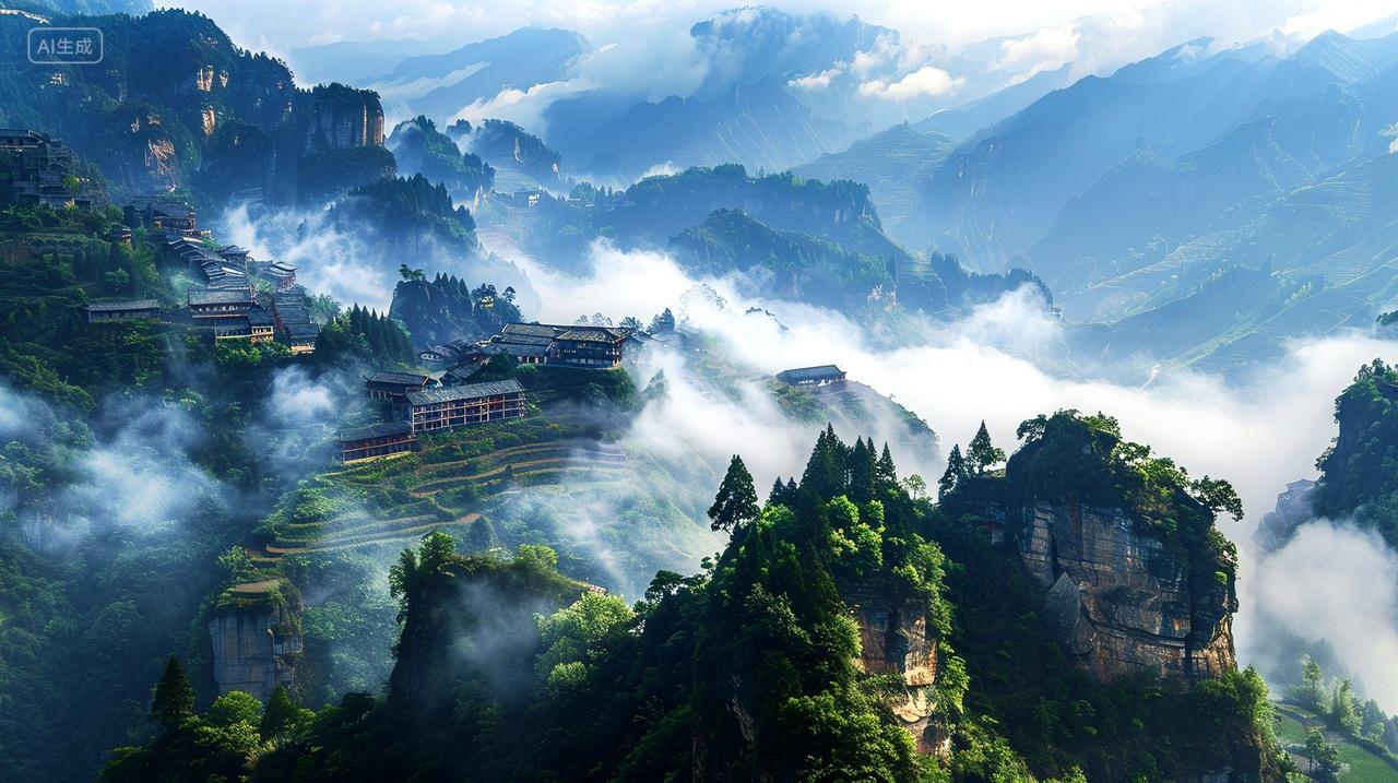 云雾缭绕,村庄如画