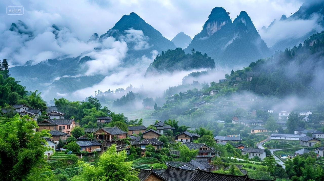 云雾缭绕,村庄如画