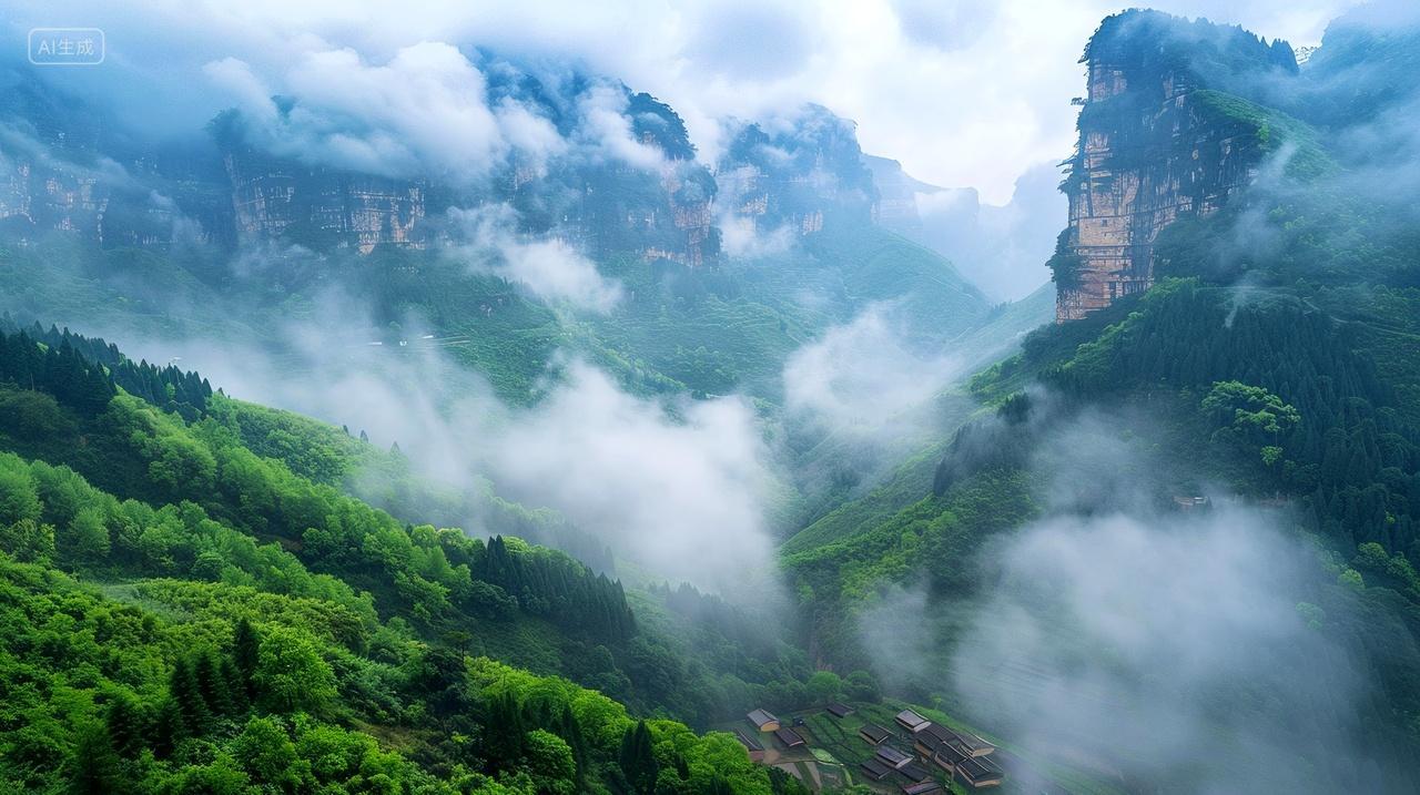 云雾缭绕,村庄如画