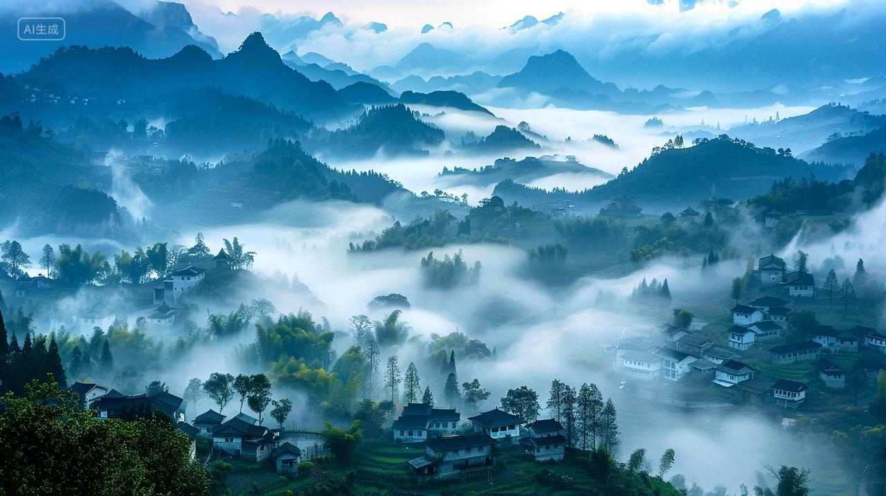 云雾缭绕,村庄如画