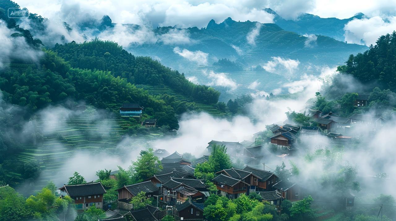 云雾缭绕,村庄如画