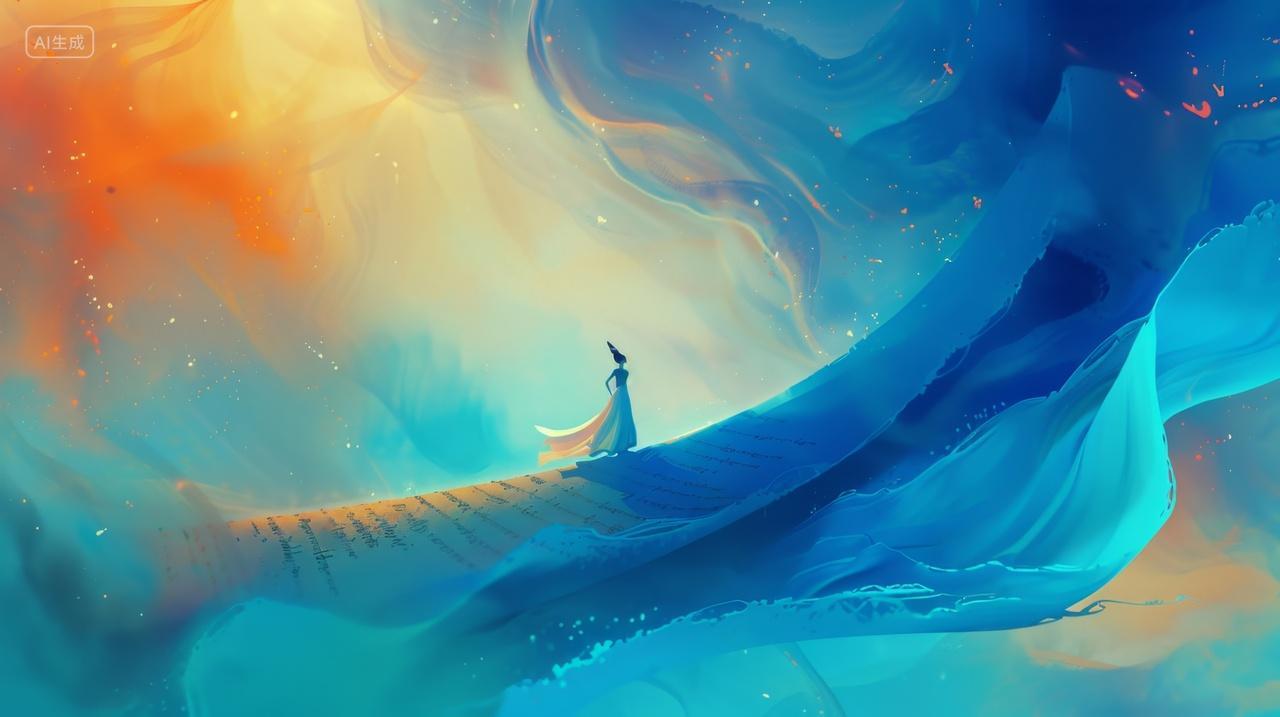 敦煌数字概念艺术背景，站在卷轴上的人