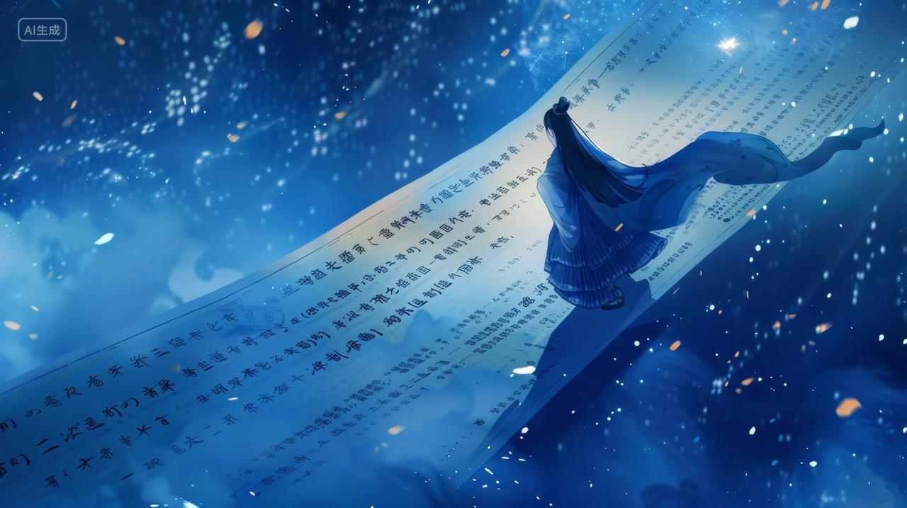 敦煌数字概念艺术背景，站在卷轴上的人