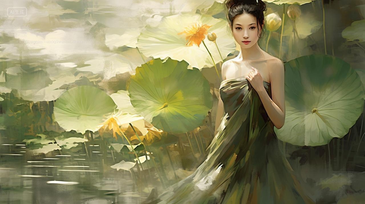 美女绿裙依塘畔