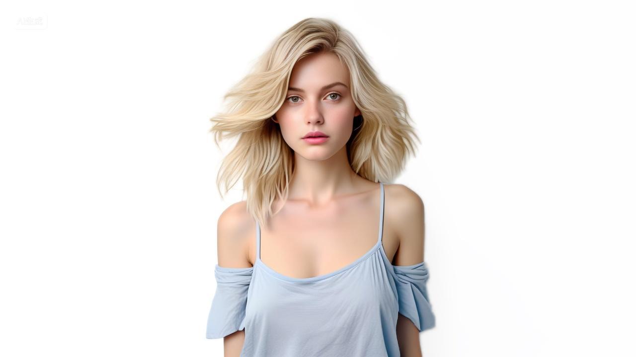 欧美外国金发美少女模特正面白底背景照片