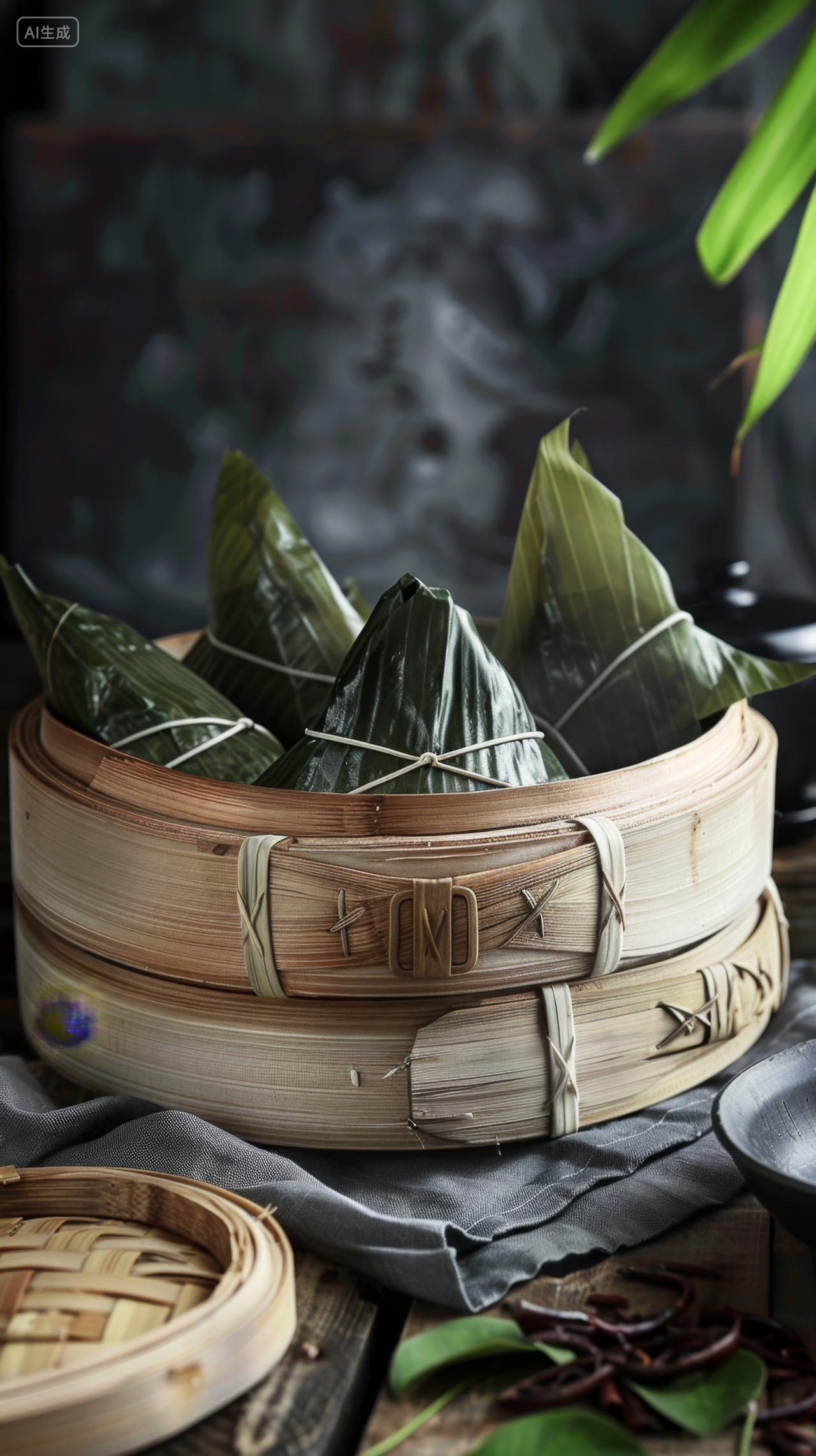 蒸笼里面的可口端午节粽子特写