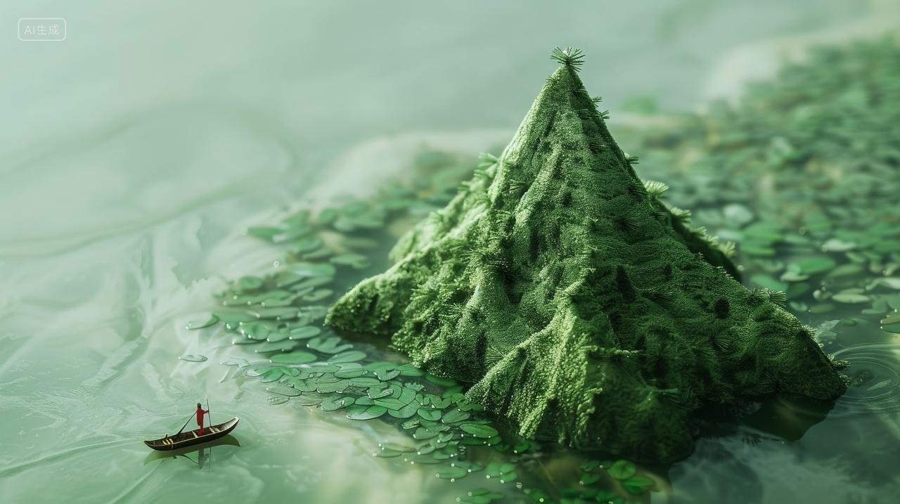 创意端午节背景，粽子山脉和湖泊