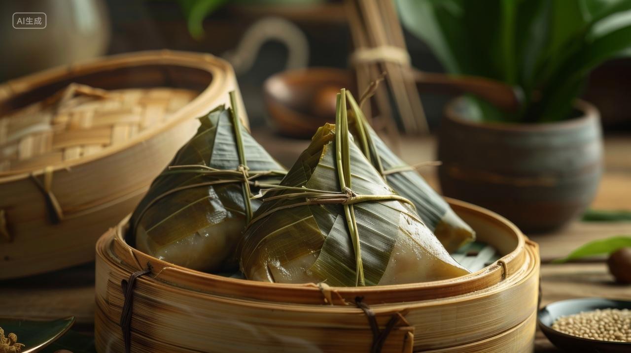 蒸笼里面的可口端午节粽子特写