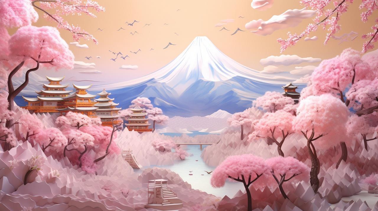 山风景樱花春天美丽浪漫古风国风渐变插画