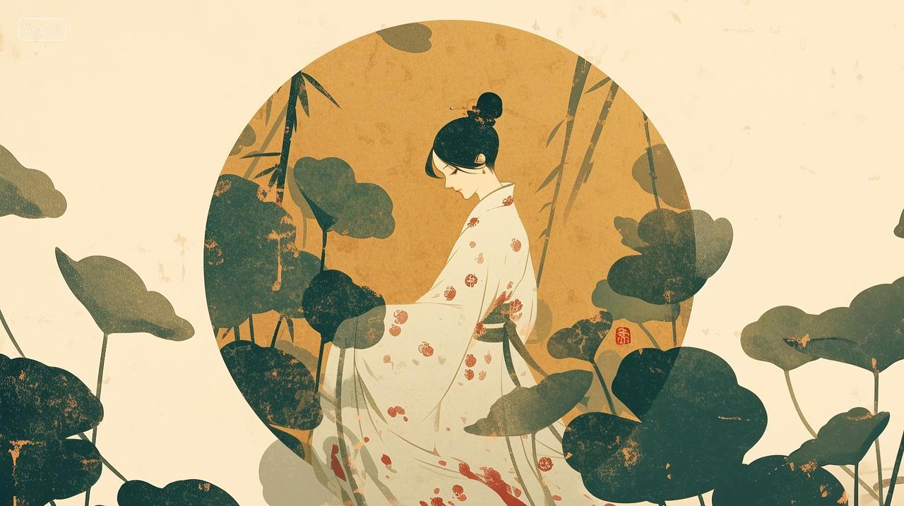 一个女人在荷叶中间