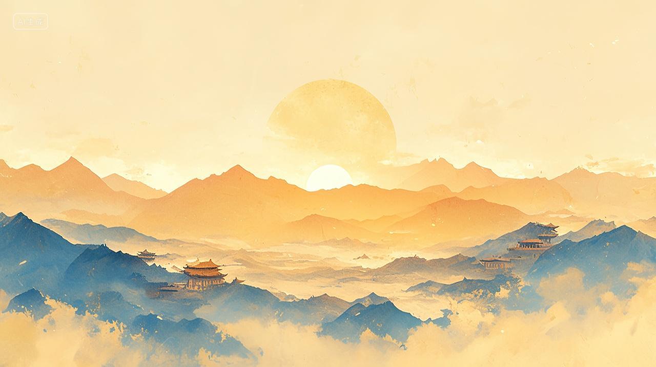 水墨夕阳下的山水画