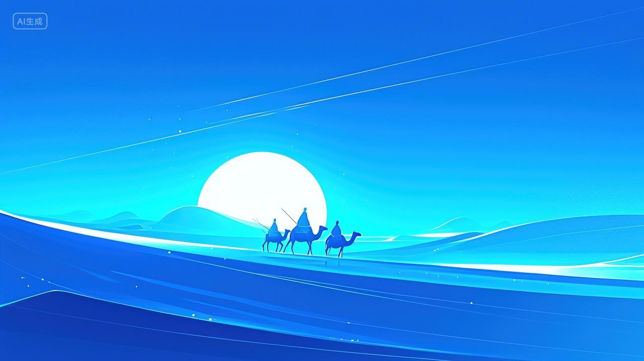 沙漠上的骆驼蓝色背景
