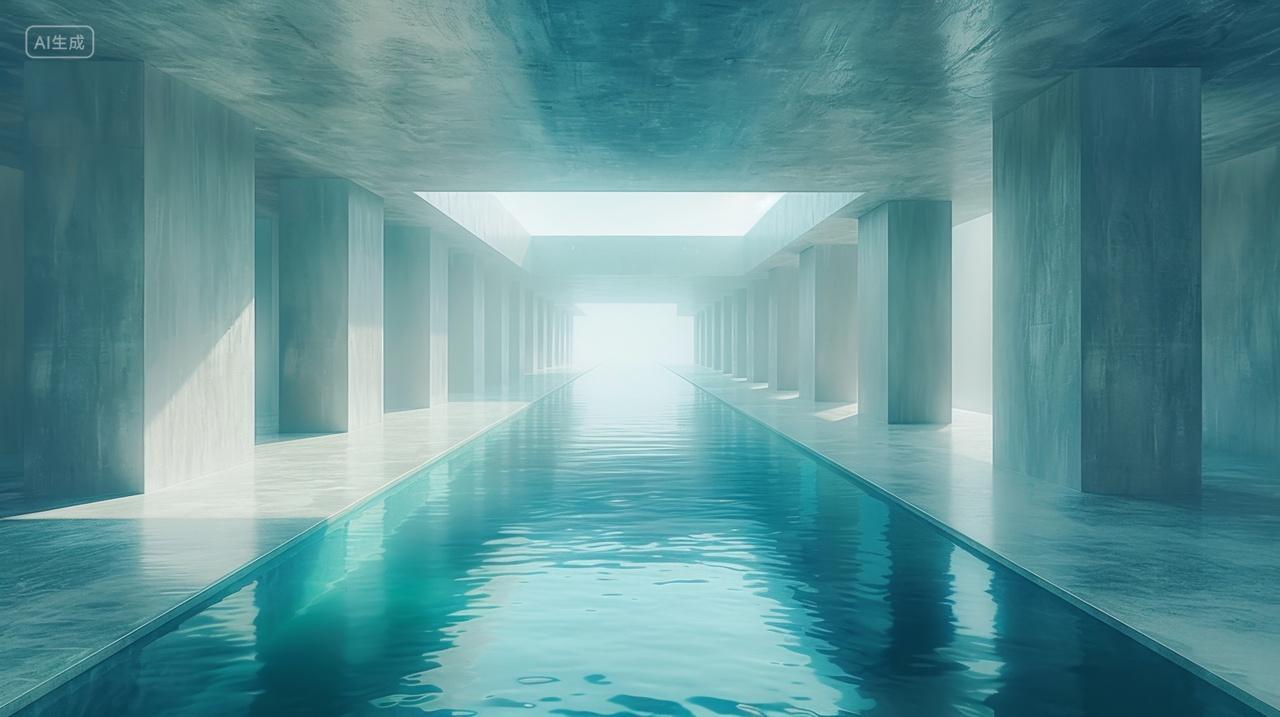 蓝色极简室内空间长廊