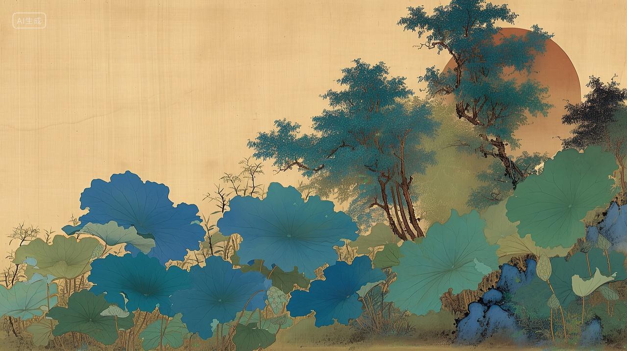 复古水墨画荷花青松