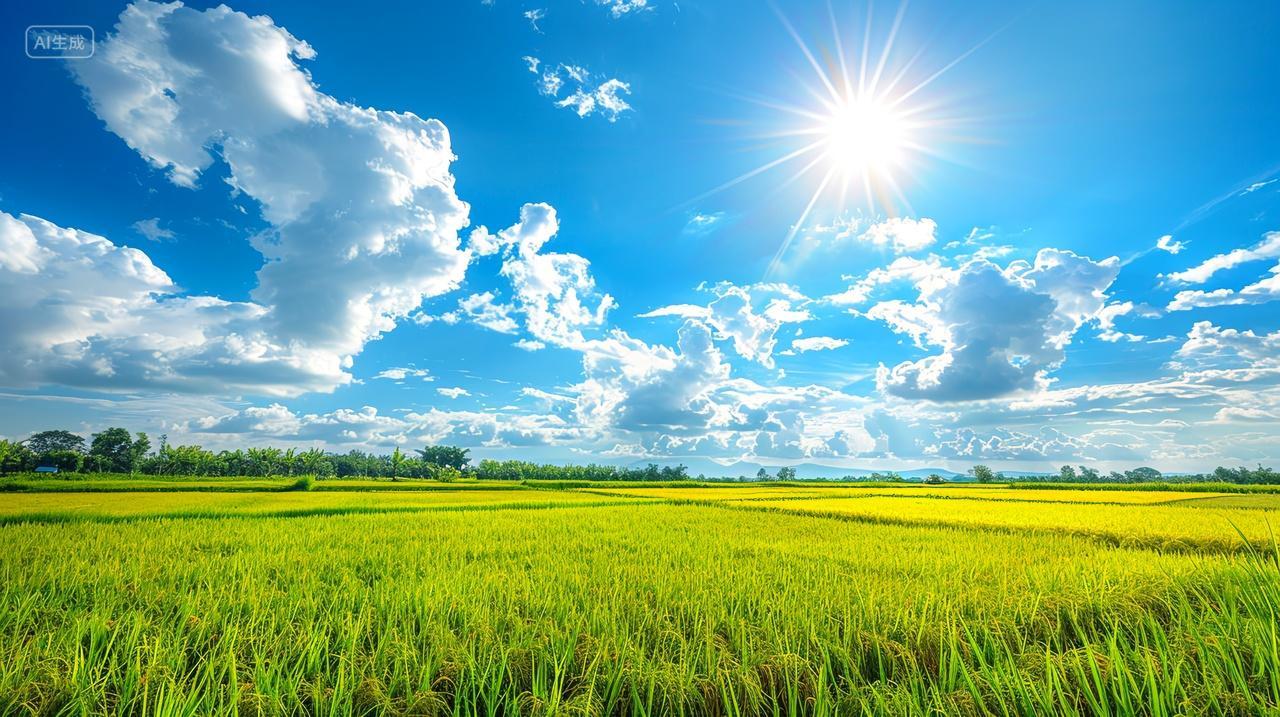 蓝天白云稻田风景