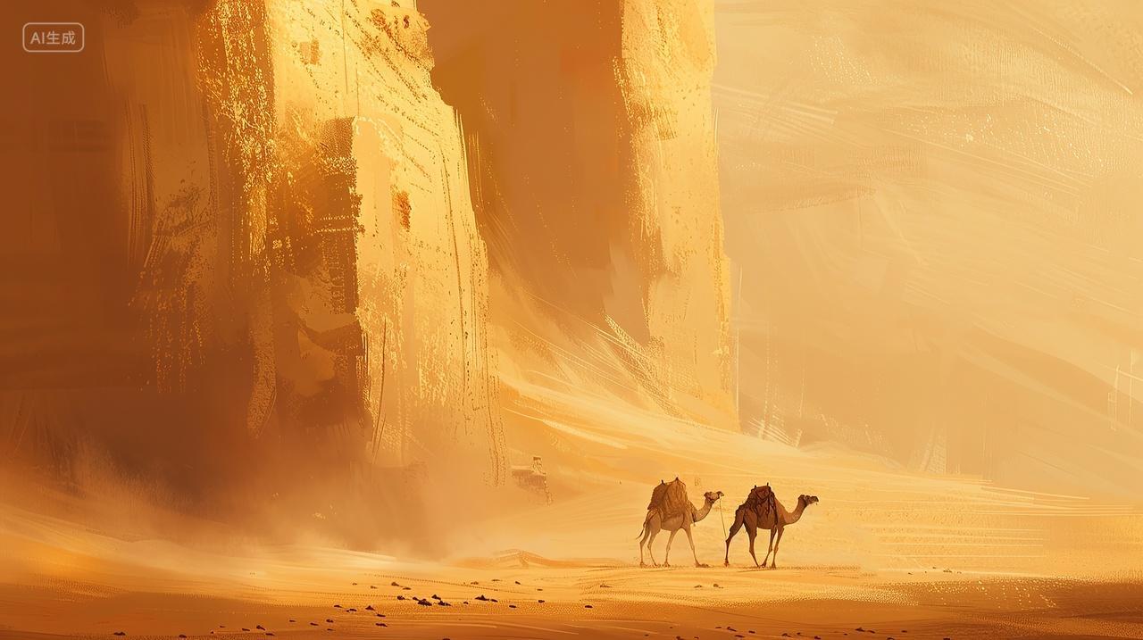 金黄色的沙漠上有两只骆驼走在丝绸之路上