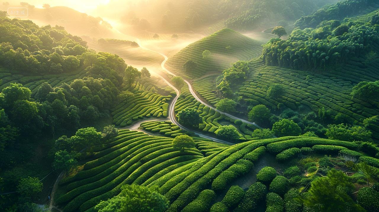 农业茶叶风景茶山翠茗遍山森林步韵成行