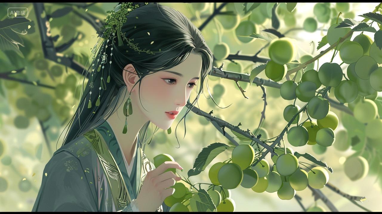 青衣佳人欲摘青梅