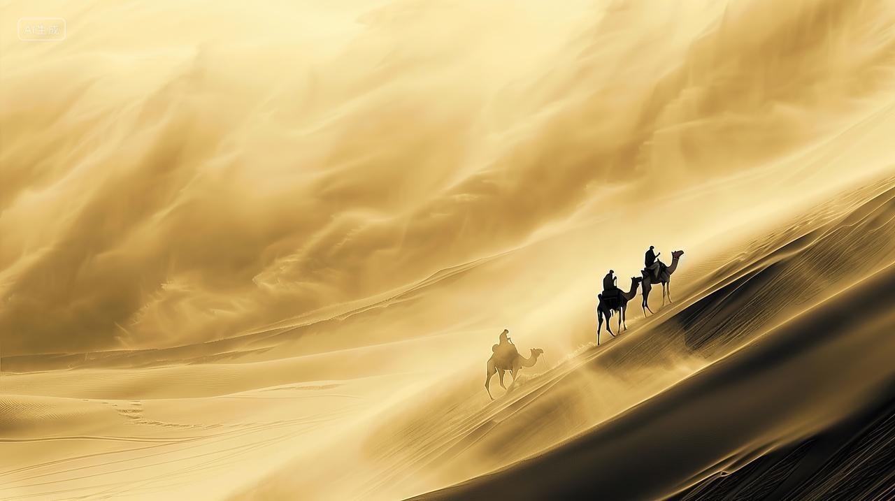 金黄色的沙漠上有两只骆驼走在丝绸之路上