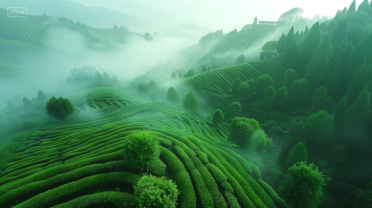雾中茶树,绿意朦胧