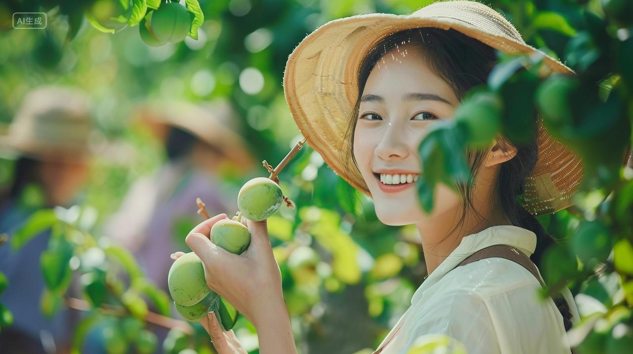 佳人微笑,青梅在手