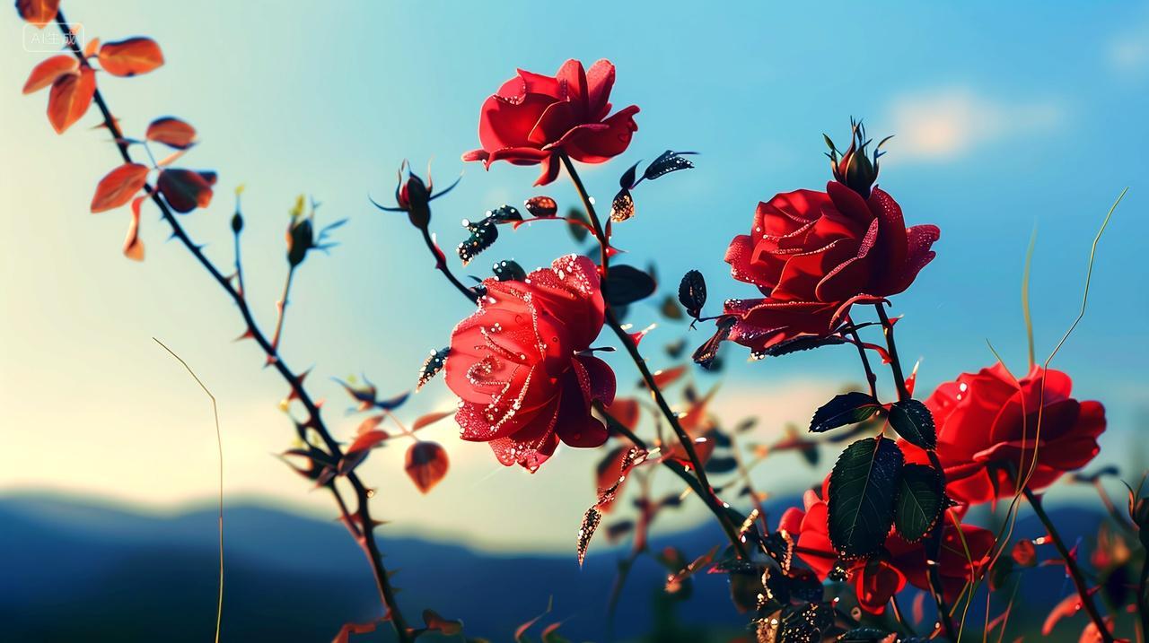 红色玫瑰在阳光下绽放