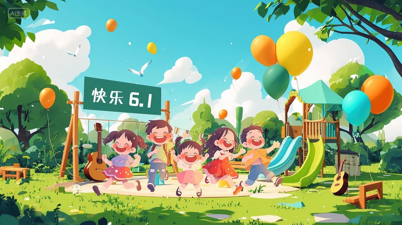 一群孩子在户外公园庆祝六一儿童节