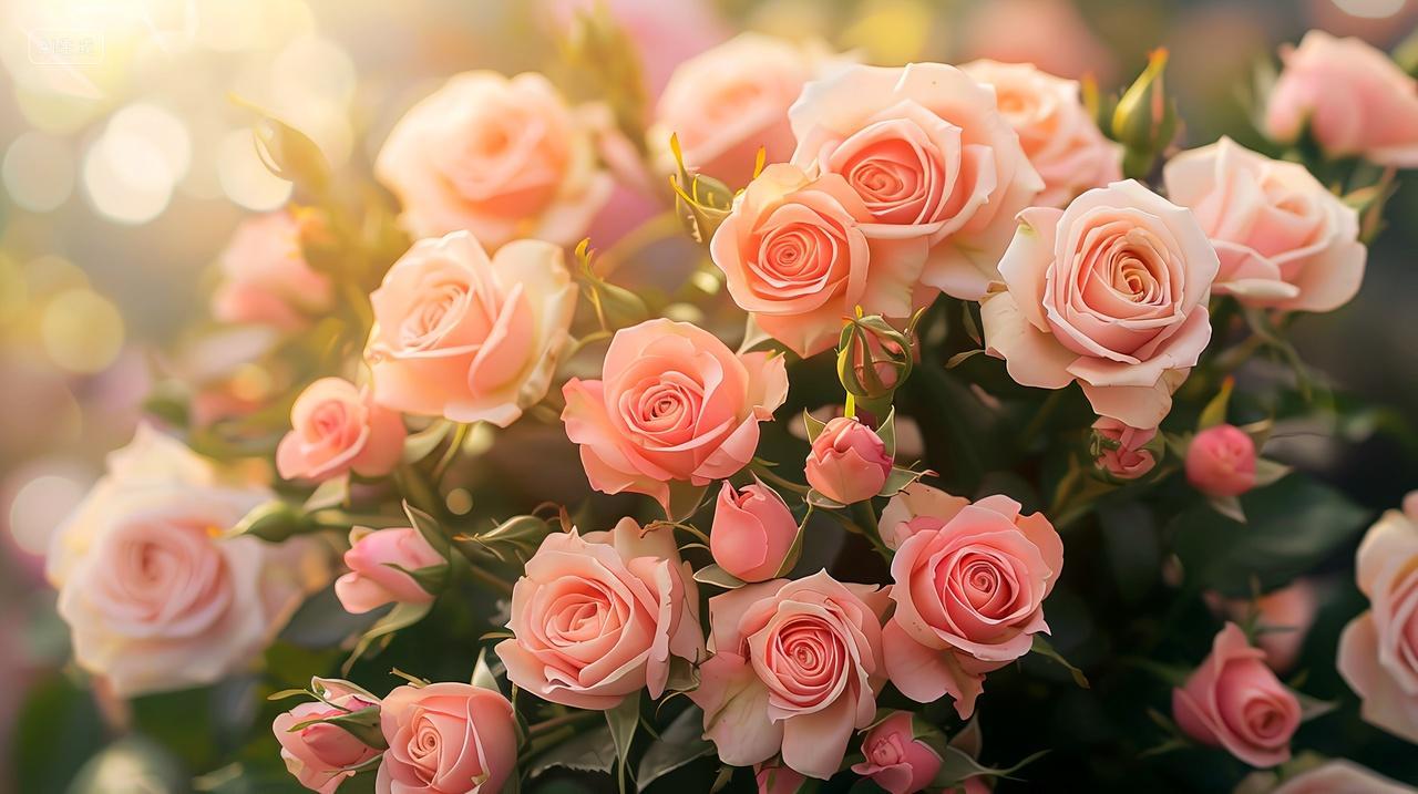 粉色玫瑰绽放,花团锦簇