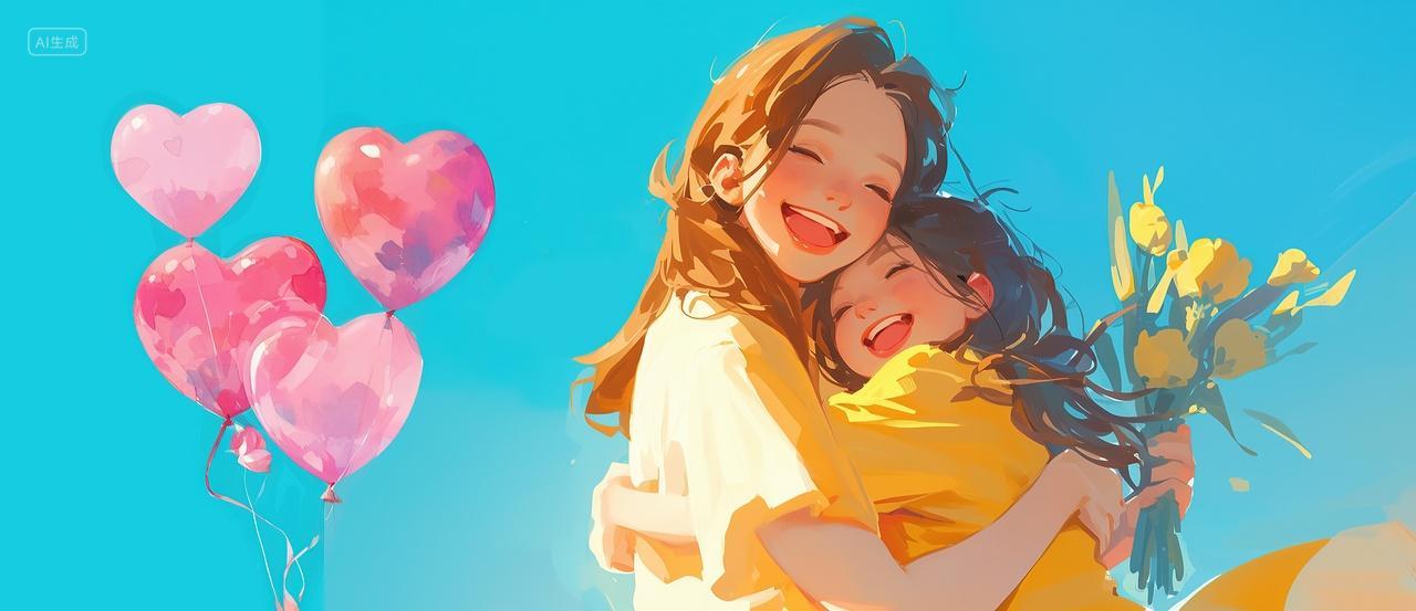 母亲节一个女孩送给母亲一束鲜花，开心的拥抱在一起