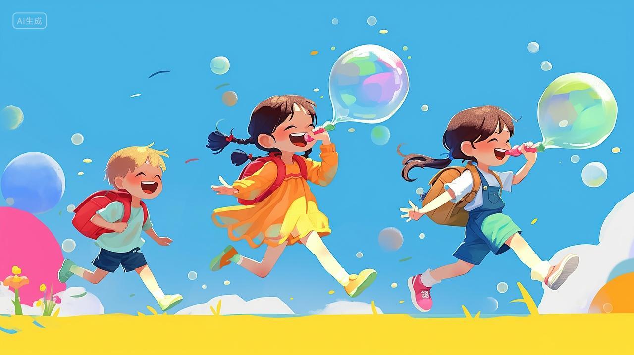 三名儿童在户外奔跑吹泡泡非常开心