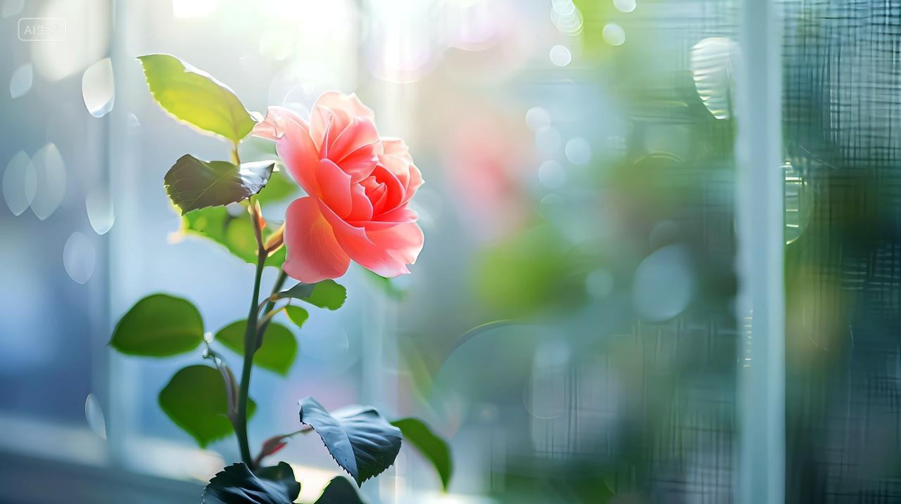 玻璃窗外的玫瑰悄然绽放
