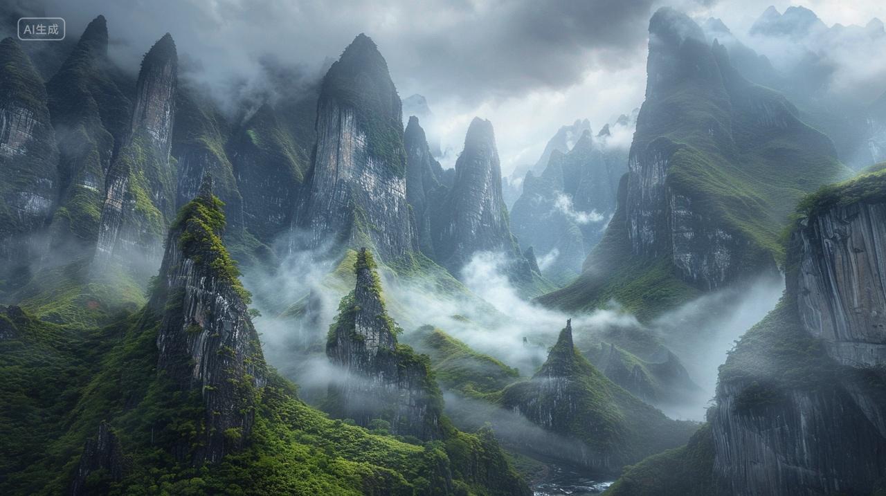 雾锁山林矗立高,小溪潺潺水声娇