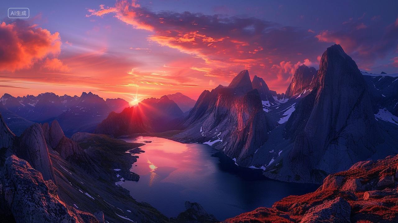 雪山湖泊泛红光